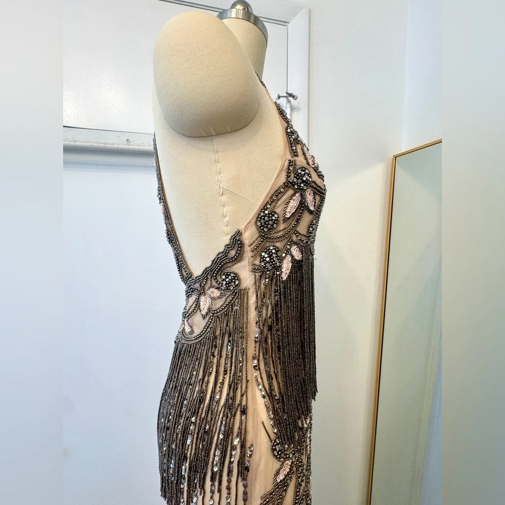 Heavily Beaded Halter Gown – Open Back Sheer Fringe Maxi Dress Glam Formal - Picture 11 of 12